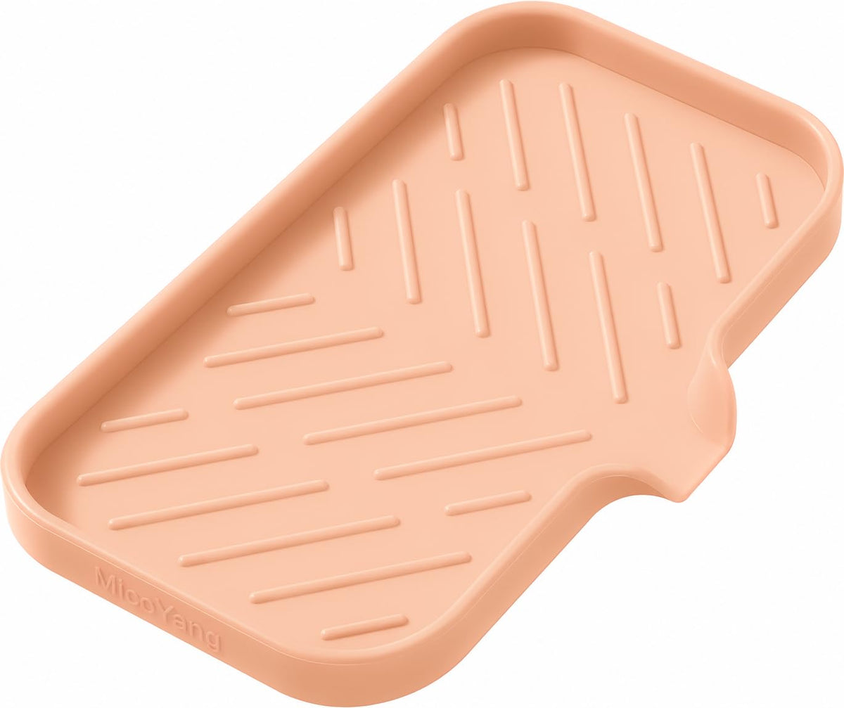 MicoYang Silicone Soap Dish with Drain Spout, Self-Draining Sink Organizer Tray for Bathroom and Kitchen, Sponges, Dispensers and Soap Holder, Non-Slip and Dishwasher Safe, Grey (Compact, 4.9"×3.2")