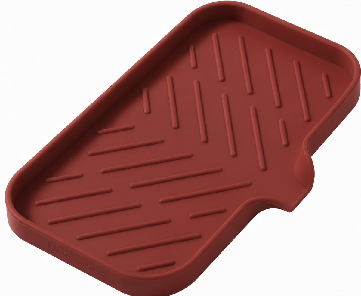 MicoYang Silicone Soap Dish with Drain Spout, Self-Draining Sink Organizer Tray for Bathroom and Kitchen, Sponges, Dispensers and Soap Holder, Non-Slip and Dishwasher Safe, Grey (Compact, 4.9"×3.2")