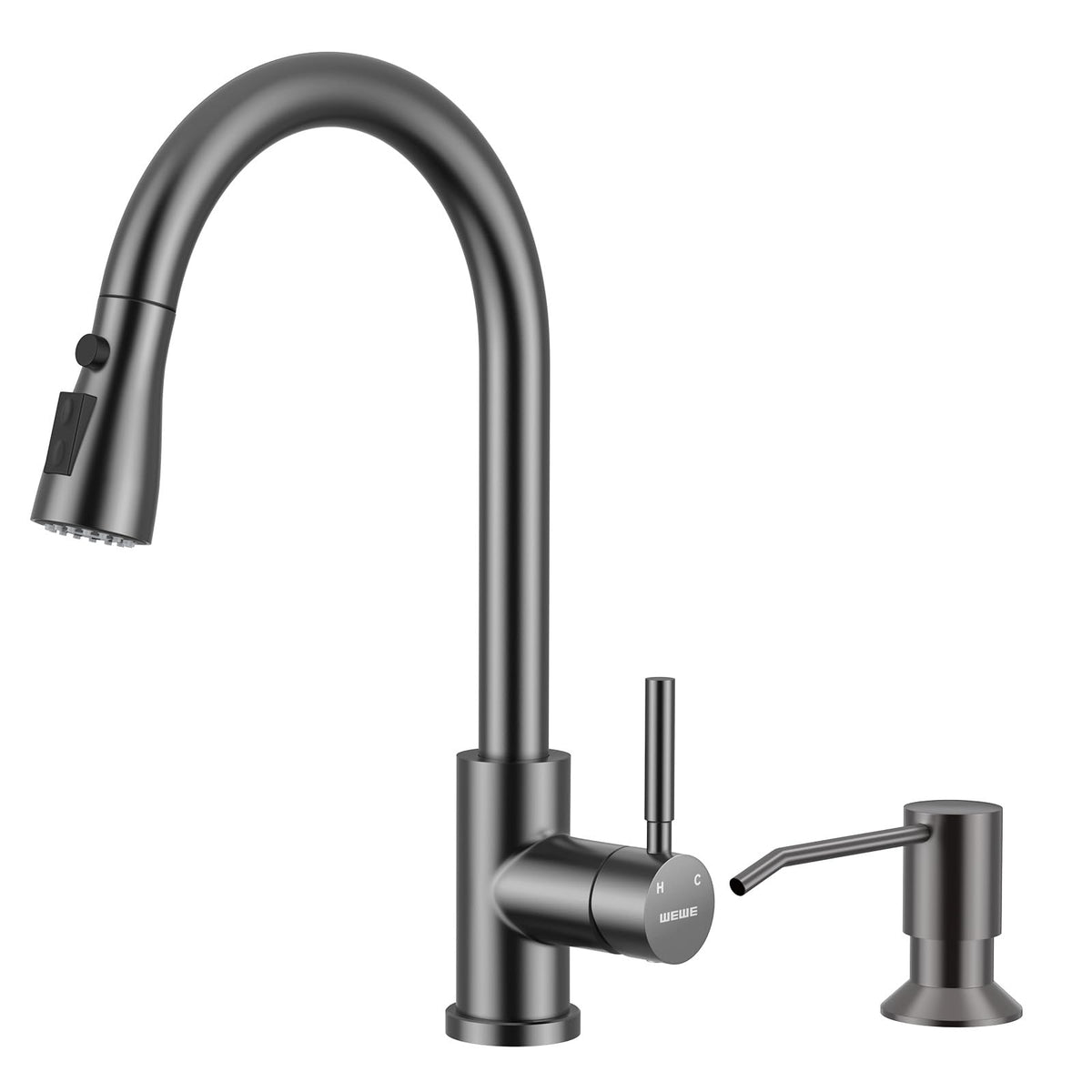 WEWE Pull-Down Kitchen Faucet, 3-Mode Sprayer, Brushed Nickel, High Arc