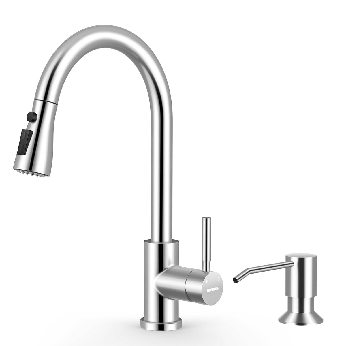 WEWE Pull-Down Kitchen Faucet, 3-Mode Sprayer, Brushed Nickel, High Arc