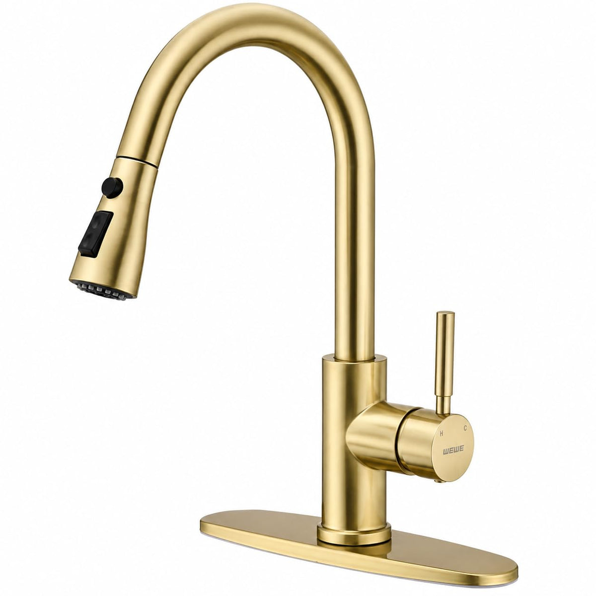 WEWE Pull-Down Kitchen Faucet, 3-Mode Sprayer, Brushed Nickel, High Arc