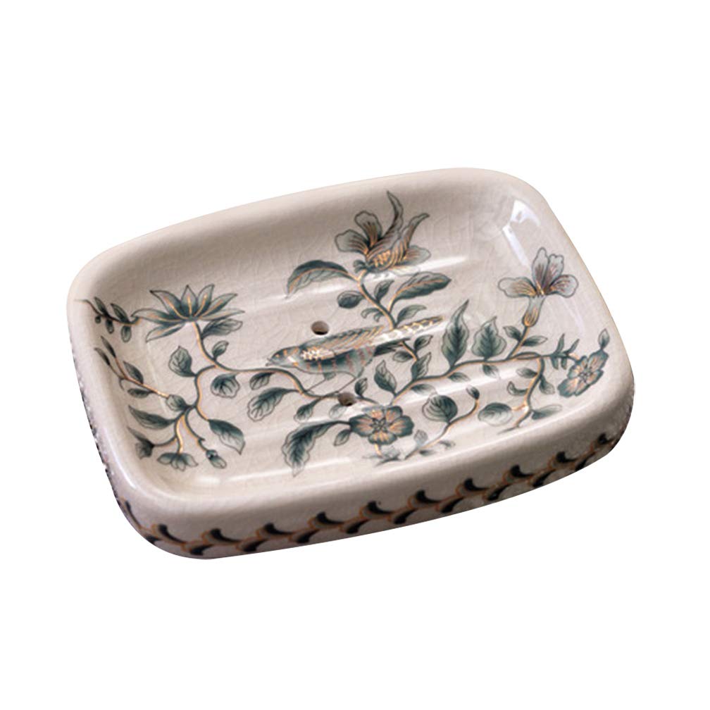 Kelake Ceramic Soap Dish, Ice Crack Ceramic Bird and Flower Pattern Soap Dish Holder for Bathroom, Creative Porcelain Shower Soap Tray Box Bath Accessories with Two Drain Holes