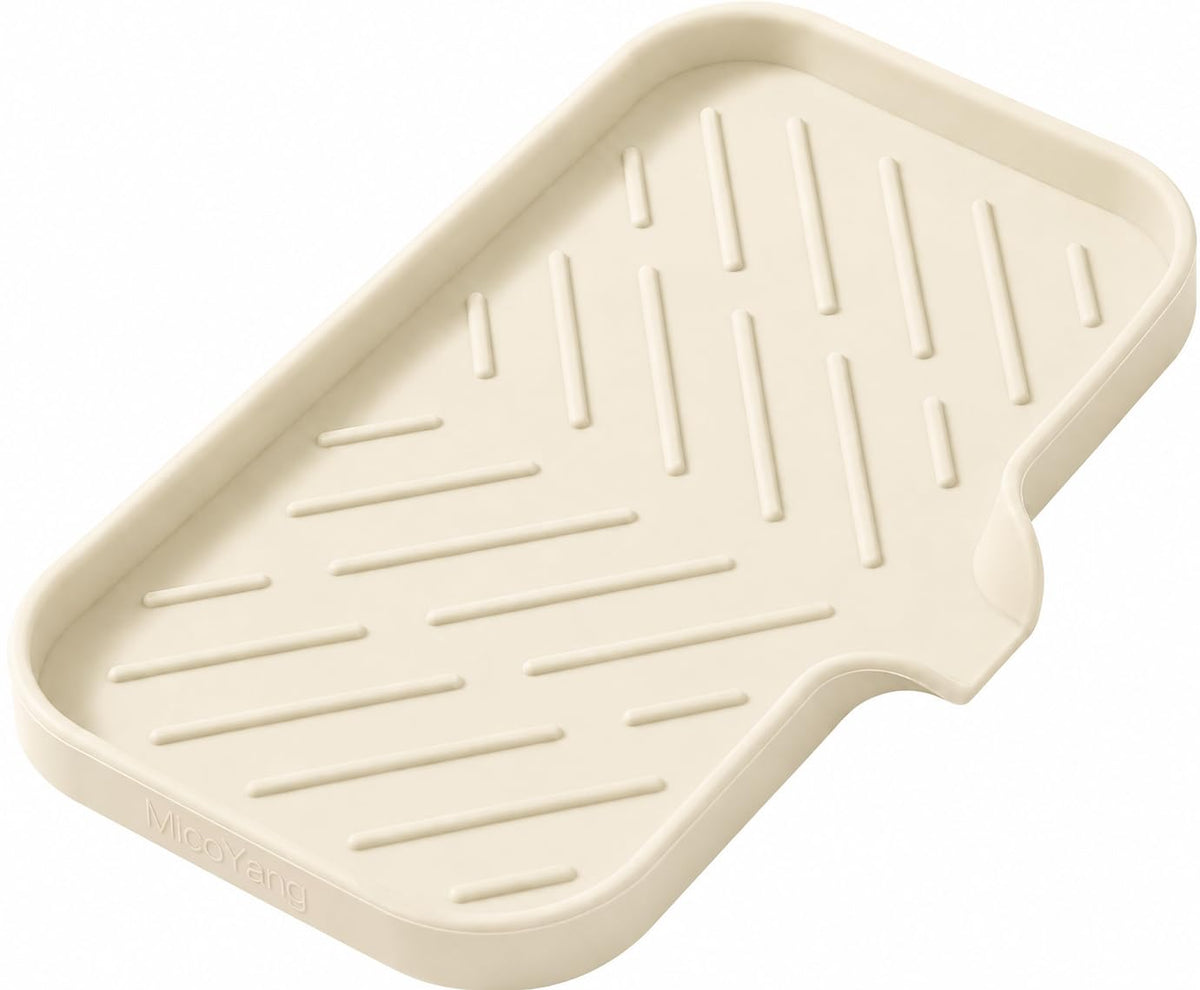 MicoYang Silicone Soap Dish with Drain Spout, Self-Draining Sink Organizer Tray for Bathroom and Kitchen, Sponges, Dispensers and Soap Holder, Non-Slip and Dishwasher Safe, Grey (Compact, 4.9"×3.2")