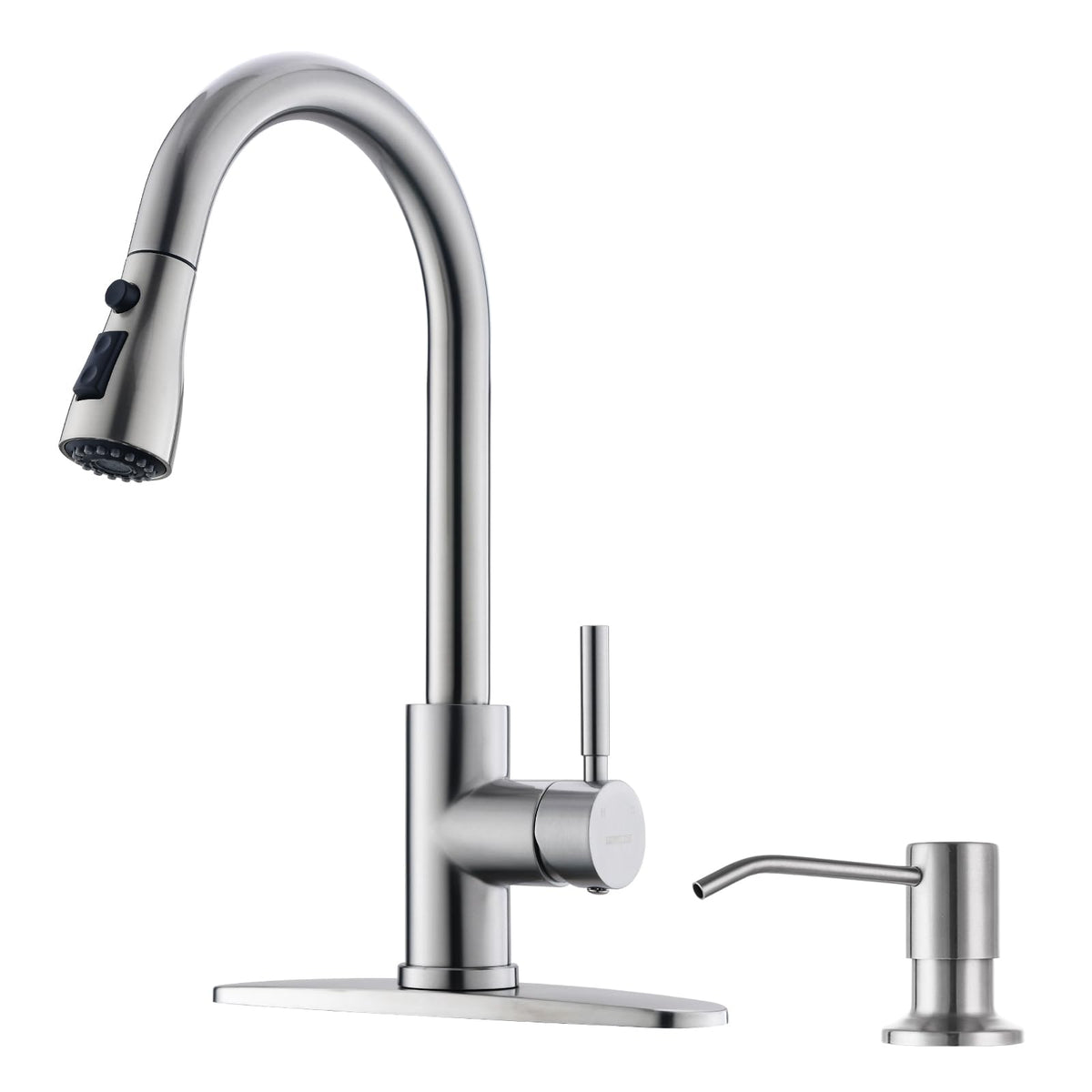 WEWE Pull-Down Kitchen Faucet, 3-Mode Sprayer, Brushed Nickel, High Arc