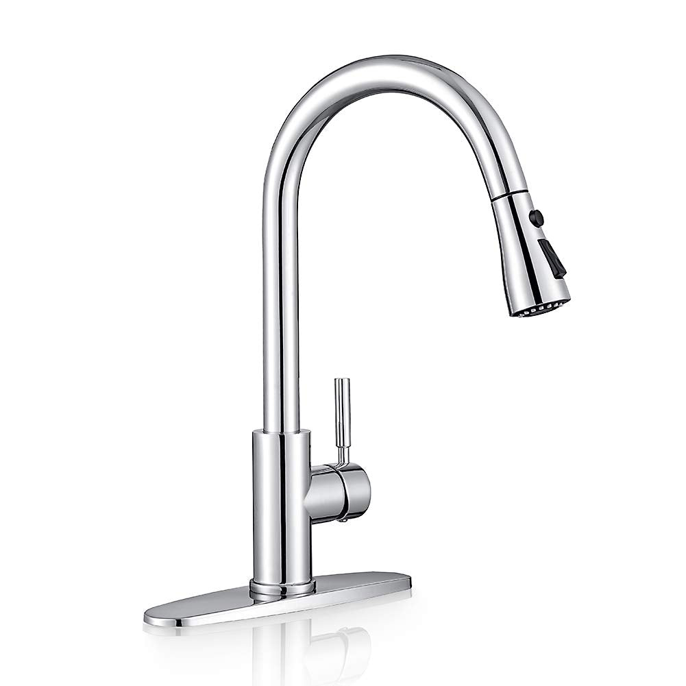 WEWE Pull-Down Kitchen Faucet, 3-Mode Sprayer, Brushed Nickel, High Arc