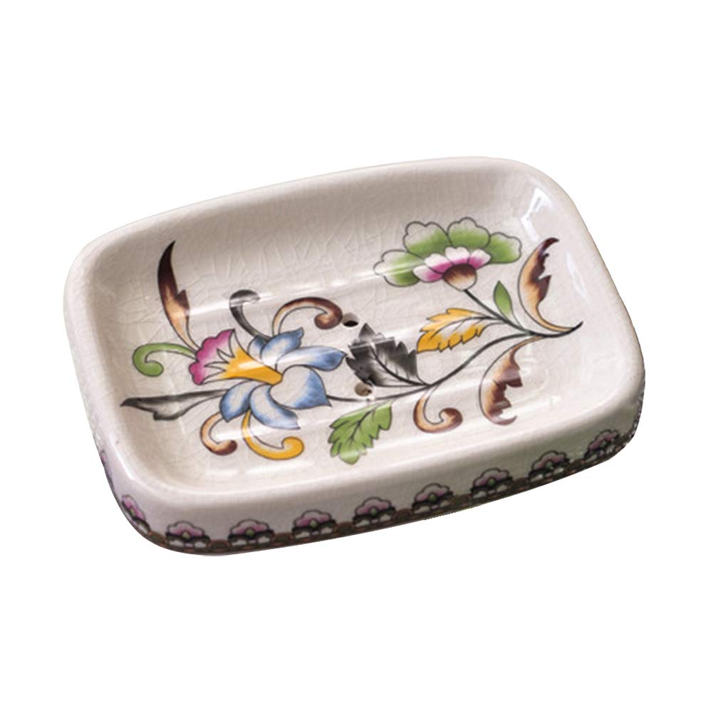 Kelake Ceramic Soap Dish, Ice Crack Ceramic Bird and Flower Pattern Soap Dish Holder for Bathroom, Creative Porcelain Shower Soap Tray Box Bath Accessories with Two Drain Holes