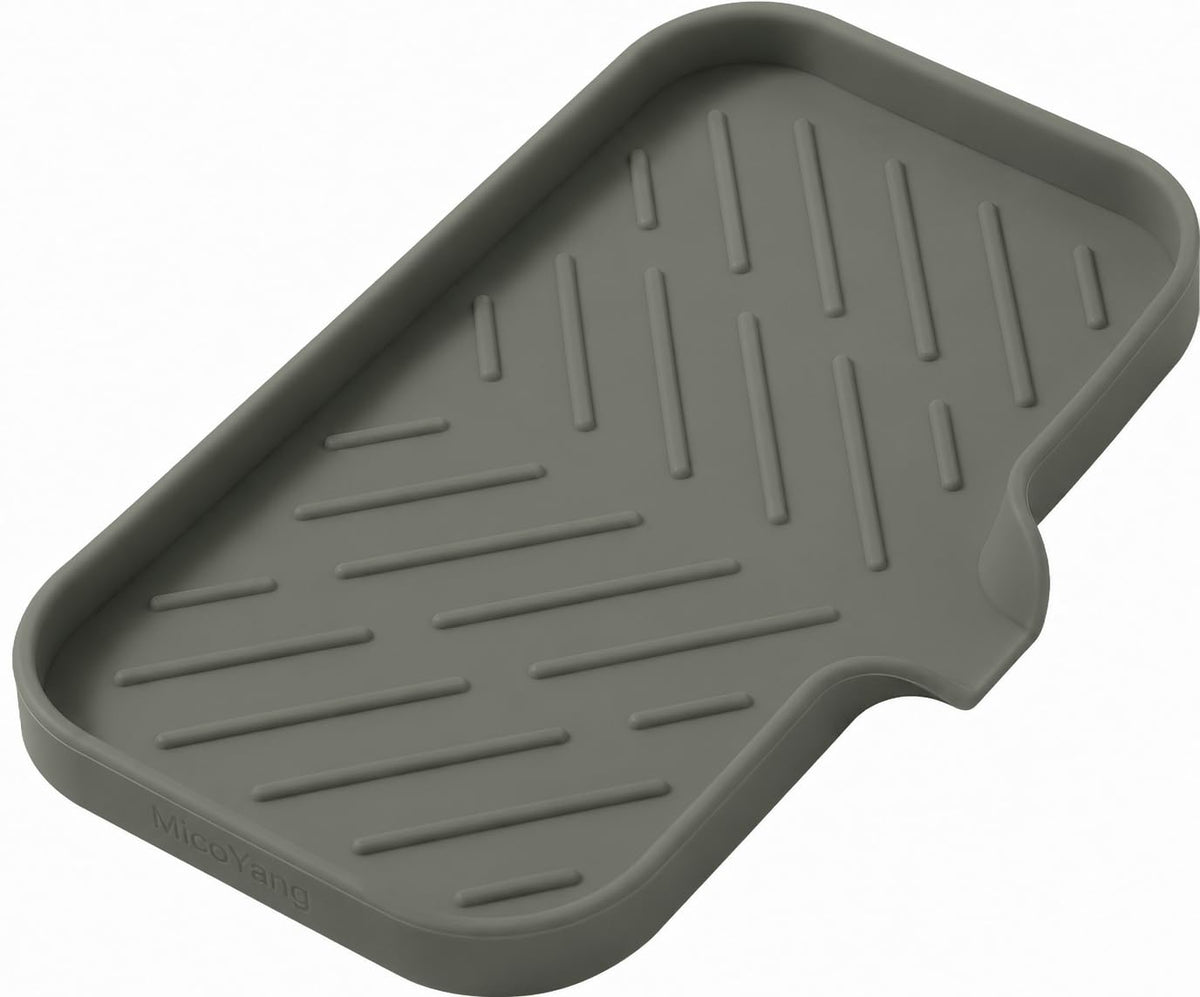 MicoYang Silicone Soap Dish with Drain Spout, Self-Draining Sink Organizer Tray for Bathroom and Kitchen, Sponges, Dispensers and Soap Holder, Non-Slip and Dishwasher Safe, Grey (Compact, 4.9"×3.2")
