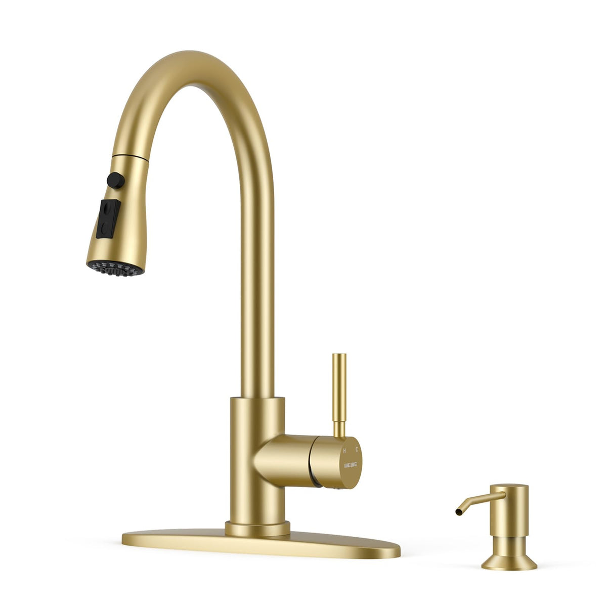 WEWE Pull-Down Kitchen Faucet, 3-Mode Sprayer, Brushed Nickel, High Arc
