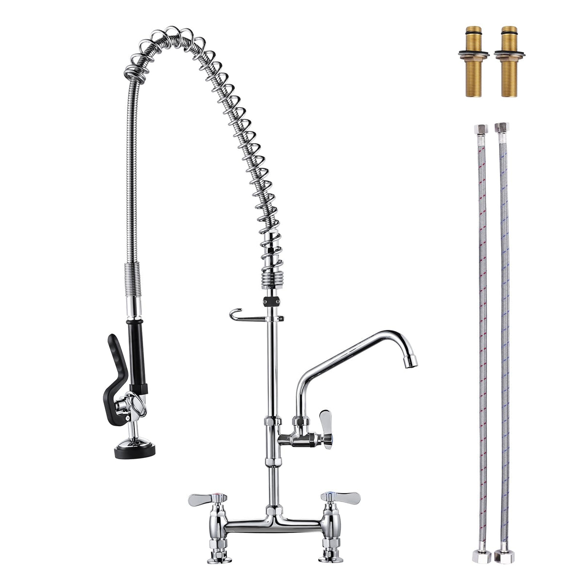 Commercial Kitchen Faucet Deck Mount with Pre-Rinse Sprayer 21" Height Kitchen Sink Faucet 8 Inch Center with 10" Add-on Swing Spout Faucet & Coiled Spring Pull Down Spray