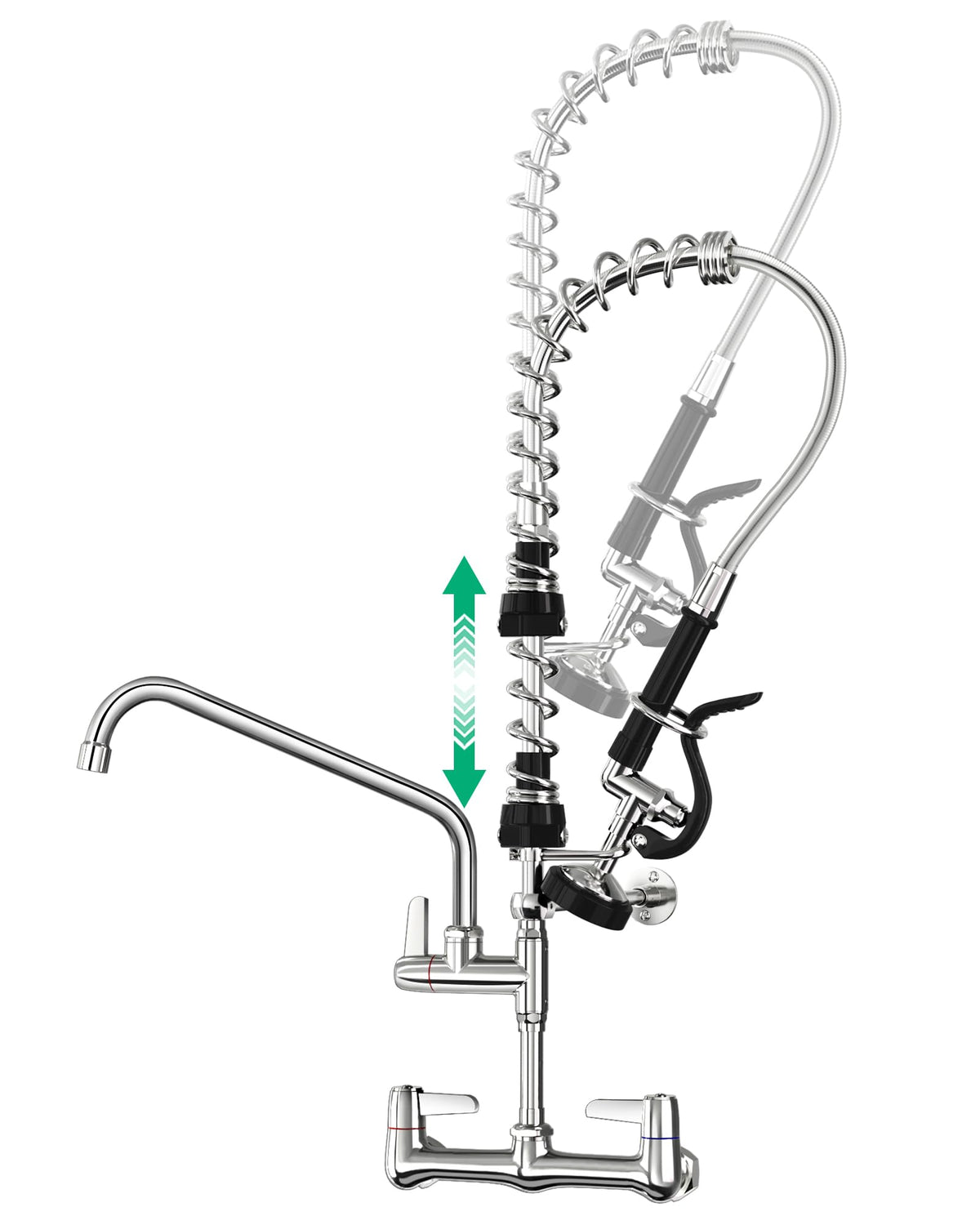 Commercial Sink Faucet with Pre-Rinse Sprayer -Height Adjustable (33-43 inch) Wall Mount Industrial Kitchen Faucet 8 inch Center with Pre-Rinse Sprayer and 12 Inch Swivel Spout