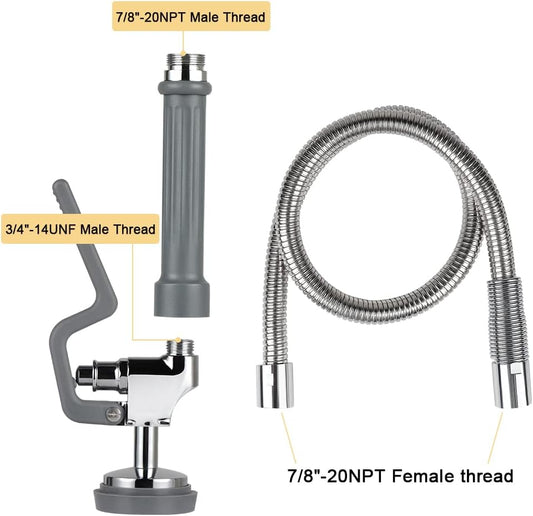 38 Inch Pre Rinse Hose with Sprayer Valve, Commercial Faucet Flexible Hose with Spray Head Replacement Kit for Commercial Restaurant Kitchen Sink Faucet - Grey