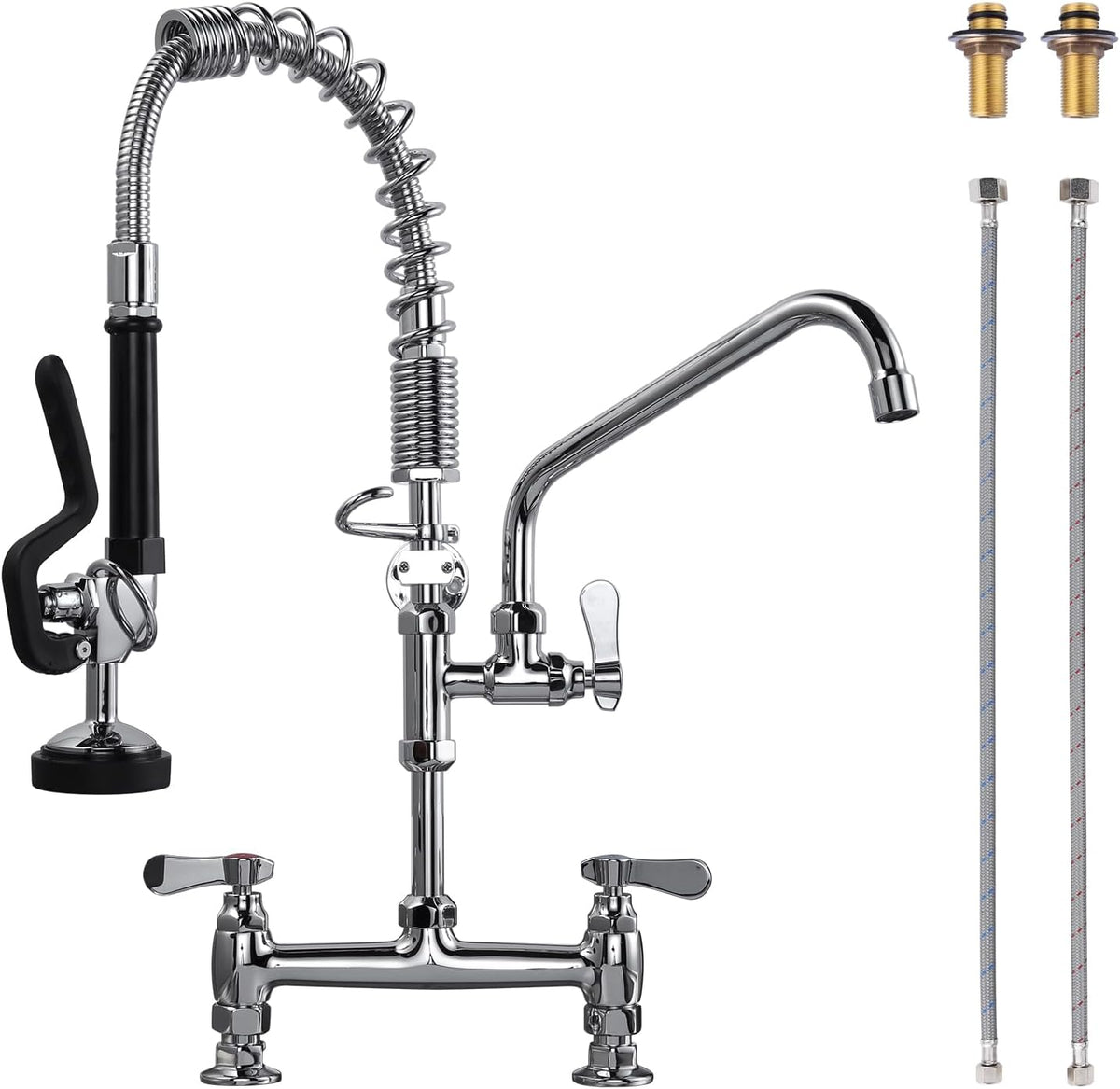 Commercial Kitchen Faucet Deck Mount with Pre-Rinse Sprayer 21" Height Kitchen Sink Faucet 8 Inch Center with 10" Add-on Swing Spout Faucet & Coiled Spring Pull Down Spray