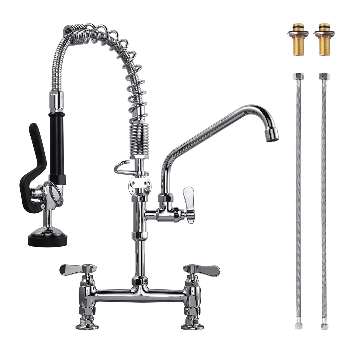 Commercial Kitchen Faucet Deck Mount with Pre-Rinse Sprayer 21" Height Kitchen Sink Faucet 8 Inch Center with 10" Add-on Swing Spout Faucet & Coiled Spring Pull Down Spray