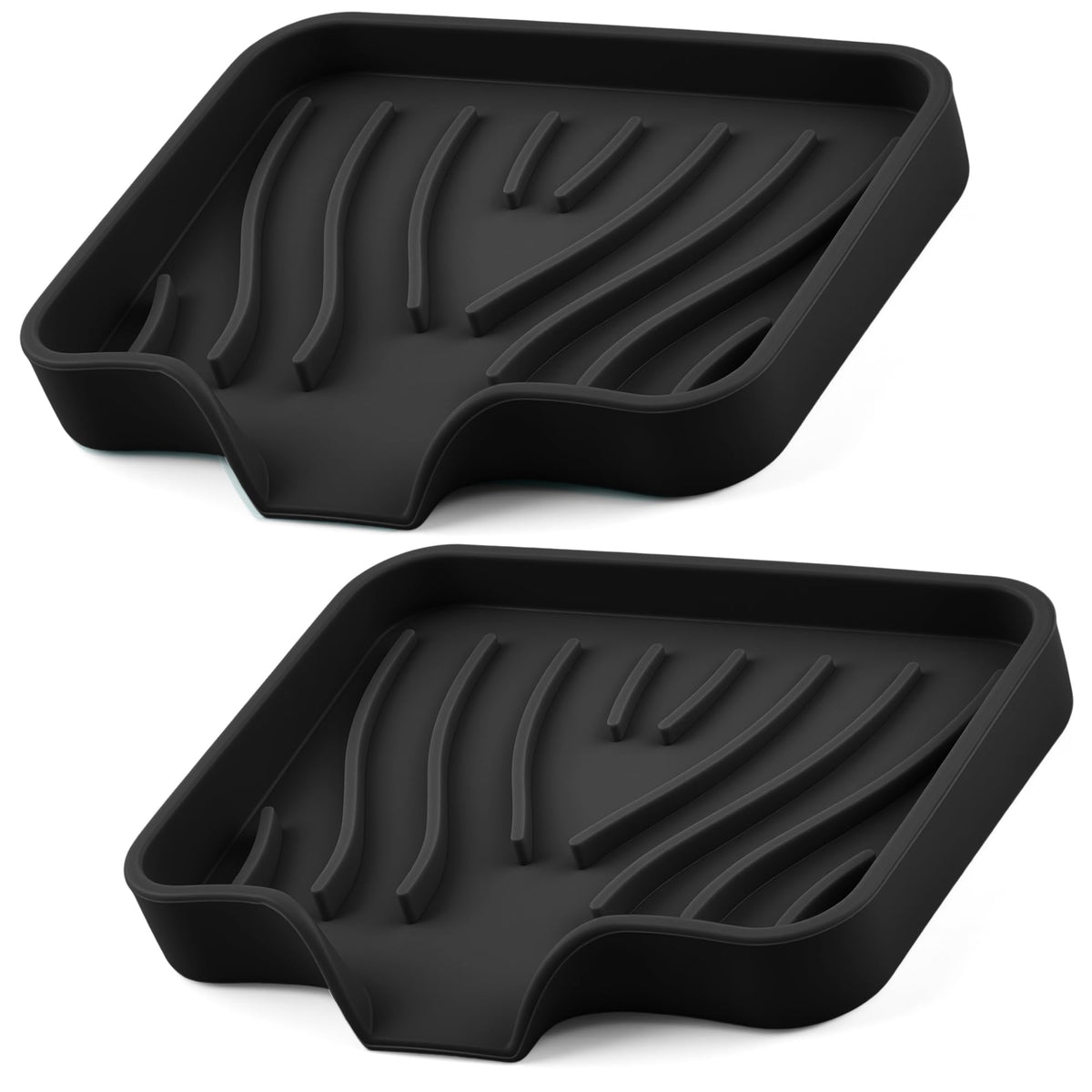 Silicone Soap Dish with Drain Spouts, Bar Soap Holder, Self-Draining Sink Organizer Kitchen Sponge Tray, Non-Slip Dispensers for Bathroom, Kitchen (Grey, 2 Short)