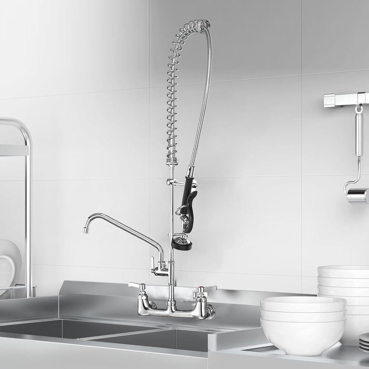 Commercial Sink Faucet with Sprayer for Kitchen: MSTJRY 47" Height Wall Mount Commercial Faucet with Sprayer Fit for 3 Compartment Sink - Polished Chrome 8" Center 12" Swing Spout Pre Rinse Assembly