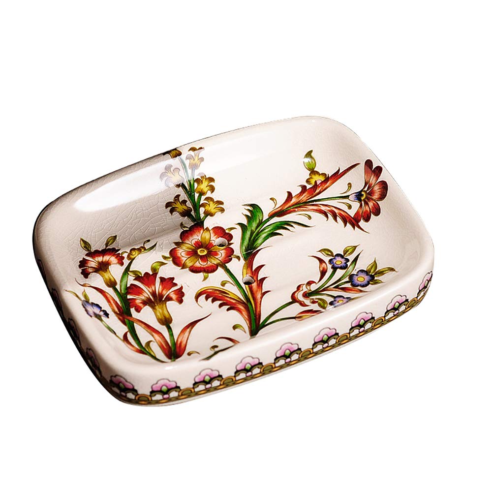 Kelake Ceramic Soap Dish, Ice Crack Ceramic Bird and Flower Pattern Soap Dish Holder for Bathroom, Creative Porcelain Shower Soap Tray Box Bath Accessories with Two Drain Holes
