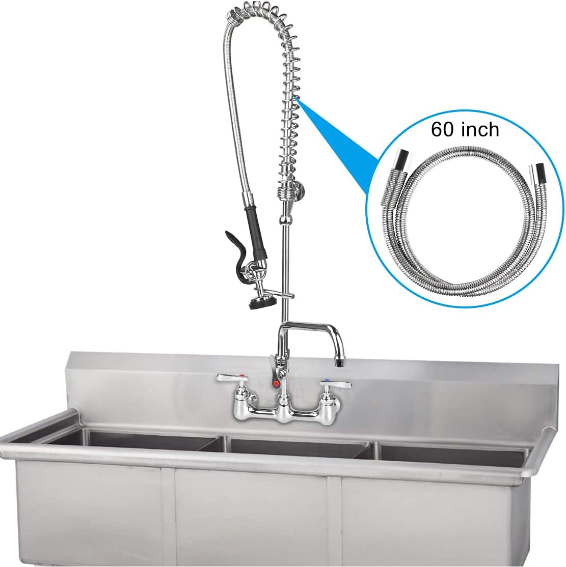 60 Inch Commercial Pre Rinse Sprayer Hose 1.42 GPM Pre Rinse Faucet Hose for Kitchen Sink Faucet, Flexible Stainless Commercial Kitchen Dish Spray Hose Replacement Kit
