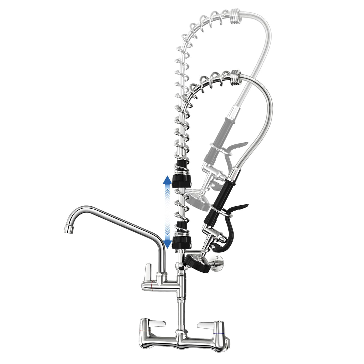 Commercial Sink Faucet with Pre-Rinse Sprayer -Height Adjustable (33-43 inch) Wall Mount Industrial Kitchen Faucet 8 inch Center with Pre-Rinse Sprayer and 12 Inch Swivel Spout