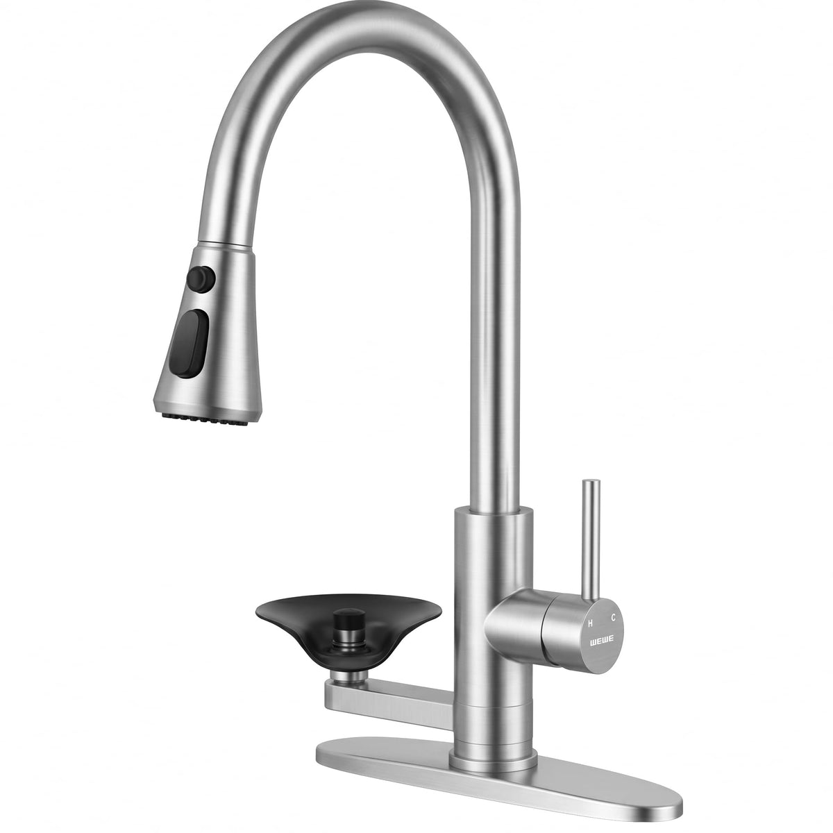 WEWE Pull-Down Kitchen Faucet, 3-Mode Sprayer, Brushed Nickel, High Arc