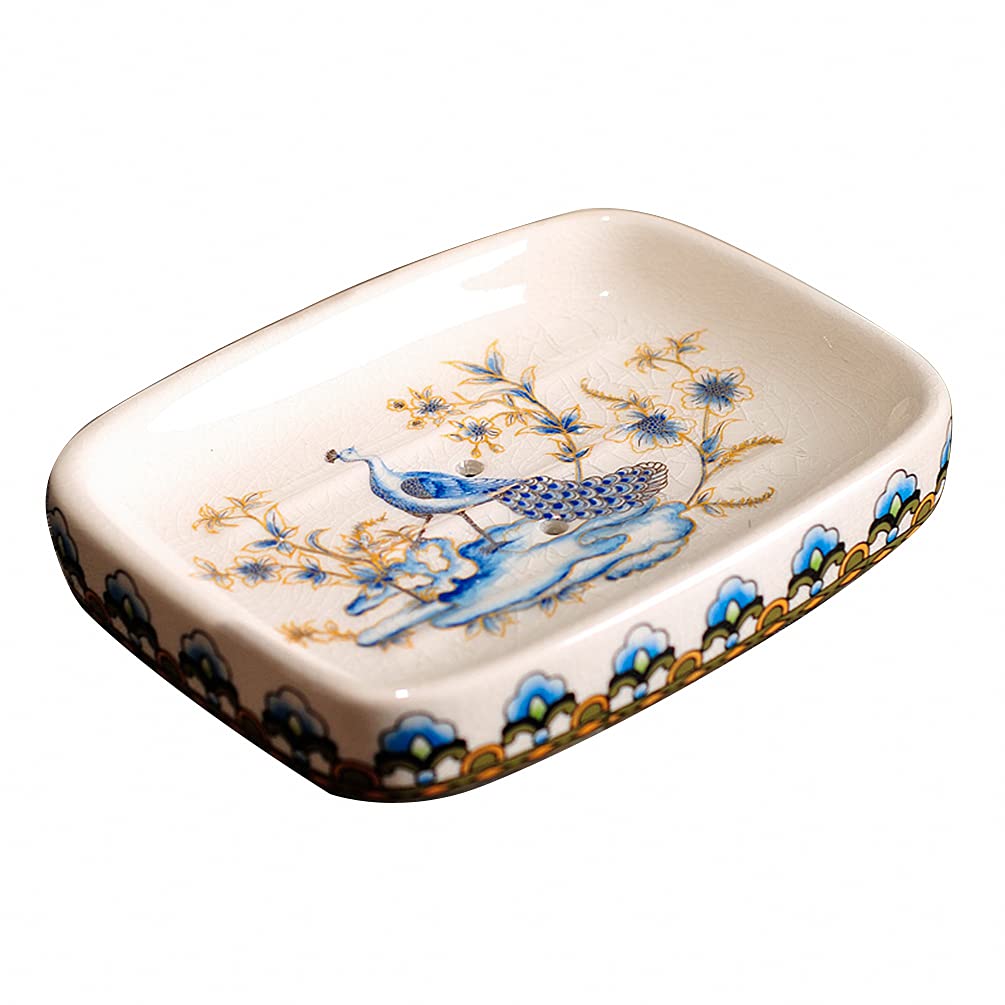 Kelake Ceramic Soap Dish, Ice Crack Ceramic Bird and Flower Pattern Soap Dish Holder for Bathroom, Creative Porcelain Shower Soap Tray Box Bath Accessories with Two Drain Holes