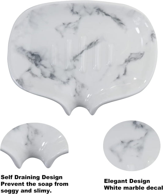White Marble Texture Soap Dish Ceramic Soap Holder Self Draining Soap Dish Waterfall Slot Sponge Holder Bathroom Accessories for Bathroom, Kitchen,Bar Counter.