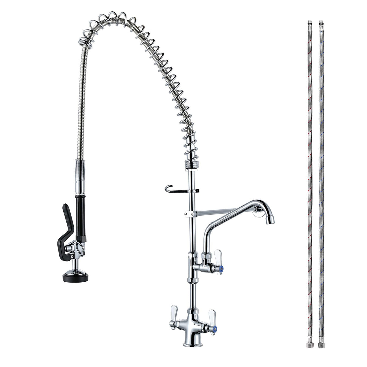 Commercial Kitchen Faucet Deck Mount with Pre-Rinse Sprayer 21" Height Kitchen Sink Faucet 8 Inch Center with 10" Add-on Swing Spout Faucet & Coiled Spring Pull Down Spray