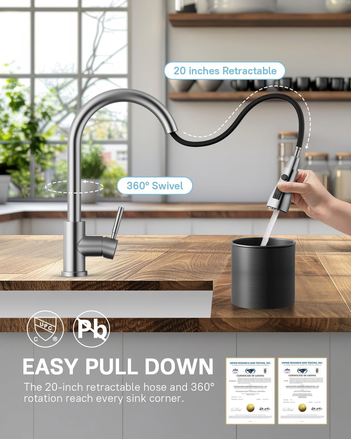 WEWE Pull-Down Kitchen Faucet, 3-Mode Sprayer, Brushed Nickel, High Arc