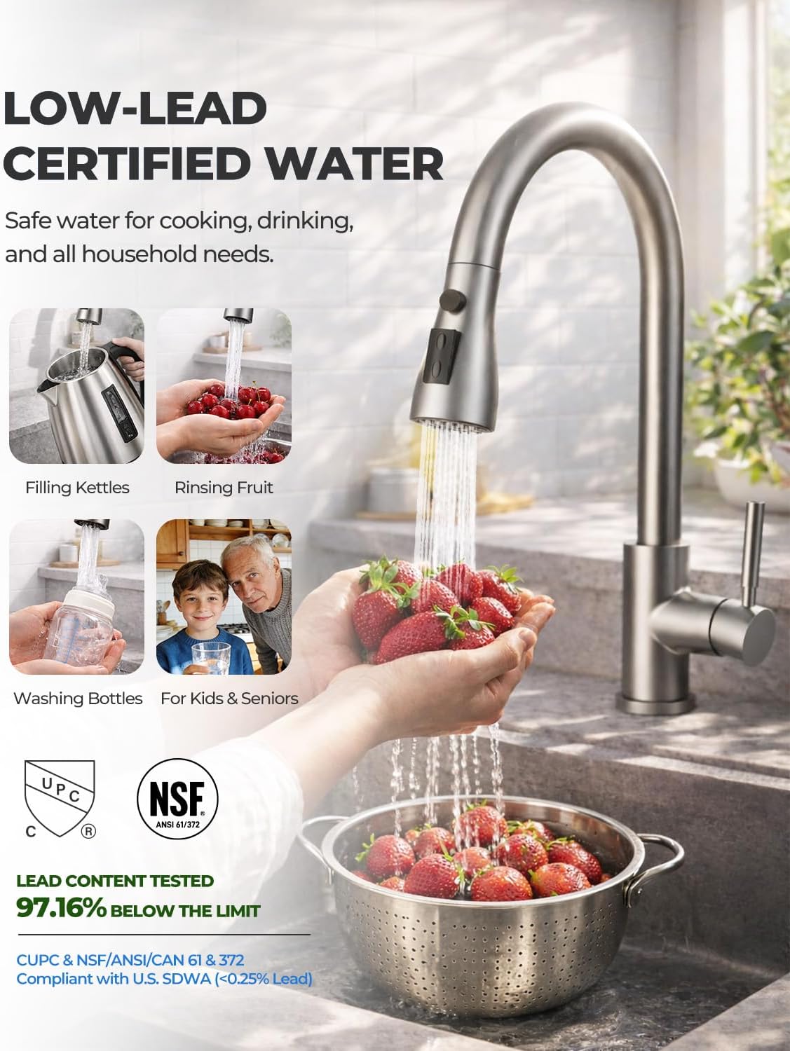 WEWE Pull-Down Kitchen Faucet, 3-Mode Sprayer, Brushed Nickel, High Arc