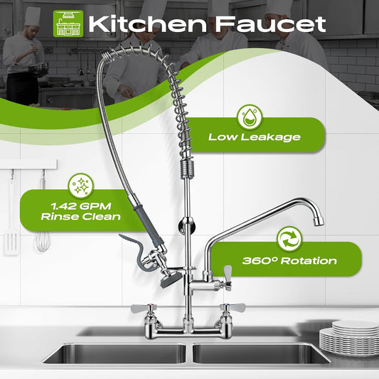 Commercial Sink Faucet with Sprayer 36" Height, 8 Inch Center Wall Mount Kitchen Sink Faucet with Down Pre-Rinse Sprayer and 12" Add-on Swing Spout