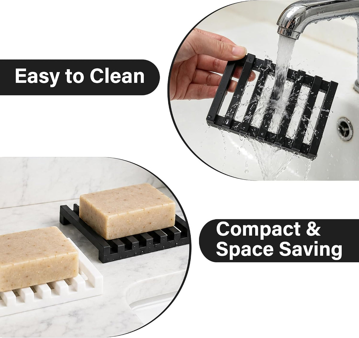 Slotted Silicone Soap Dish 2 Pcs, Self Draining Soap Holder with Raised Bar Design, Non Slip Soap Saver Tray, Quick Dry Soap Dish for Bathroom Kitchen Sink Shower, Black & White