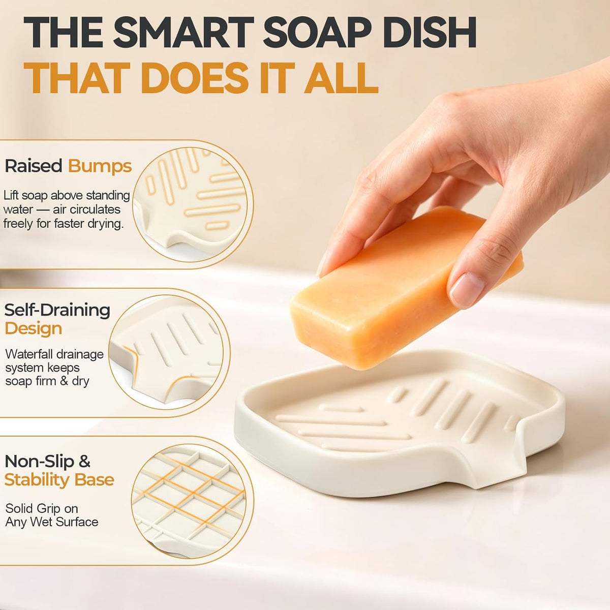 2PCS Silicone Soap Dish with Drain Spout for Shower Bathroom Kitchen