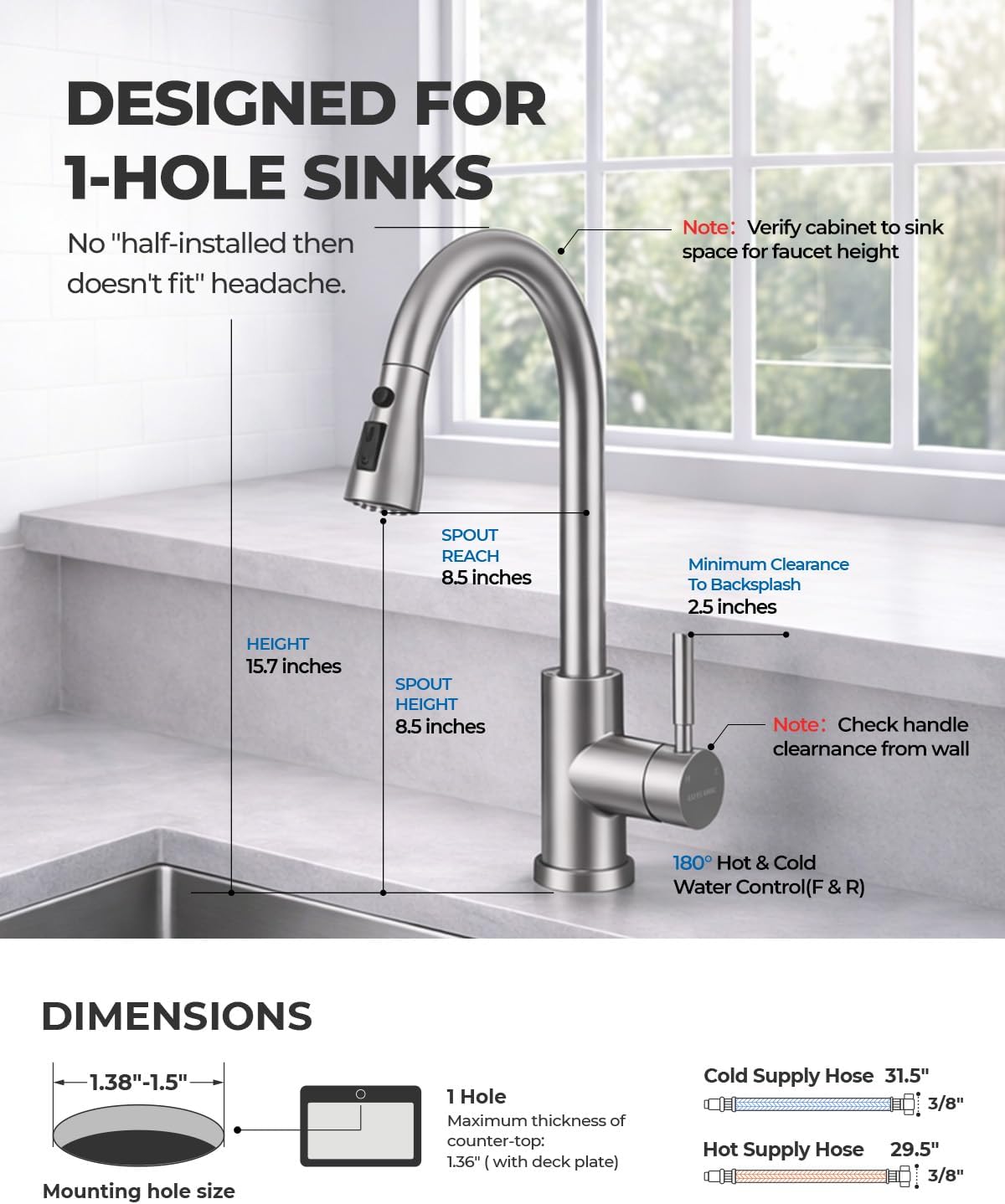 WEWE Pull-Down Kitchen Faucet, 3-Mode Sprayer, Brushed Nickel, High Arc