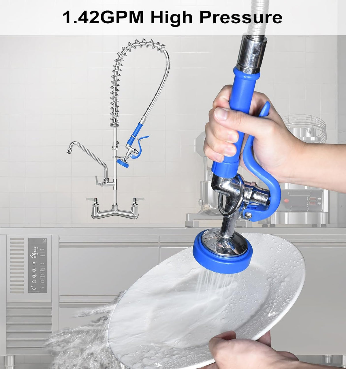 Pre Rinse Sprayer Commercial with 45” Stainless Steel Hose, 1.42 GPM Commercial Sink Sprayer, High-Pressure Dish Spray for Restaurant Use, Sink Spray Nozzle with Adapters (Blue)