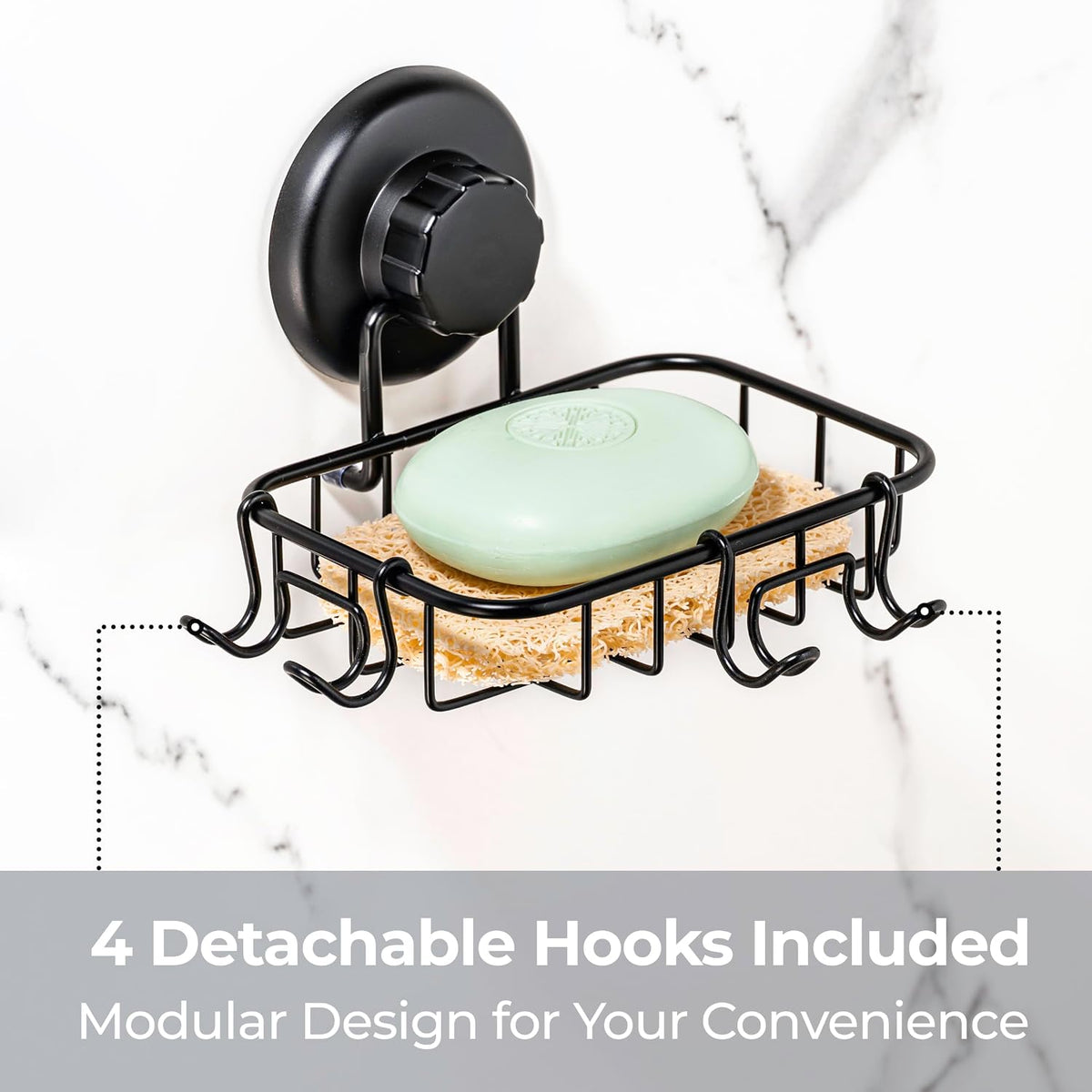HASKO 2 Pack Suction Cup Soap Dish for Shower Wall, Rustproof Stainless Steel, Shower Soap Holder with Hooks, Includes Optional No Drill Adhesive Mount for Bathroom, 2 Soap Savers, Black