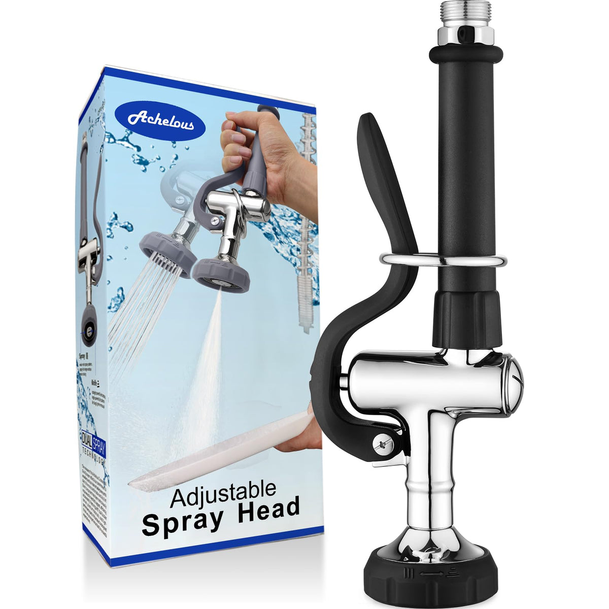 Achelous Pre Rinse Sprayer Commercial Adjustable Dual Jet & Mist Function Sink Sprayer Replacement for Restaurant, Hotel, Coffee Shop and Other Heavy-Duty Professional Kitchens, Brass Chrome (Grey)