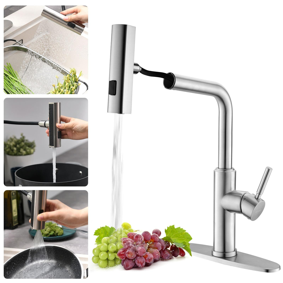 WEWE Pull-Down Kitchen Faucet, 3-Mode Sprayer, Brushed Nickel, High Arc