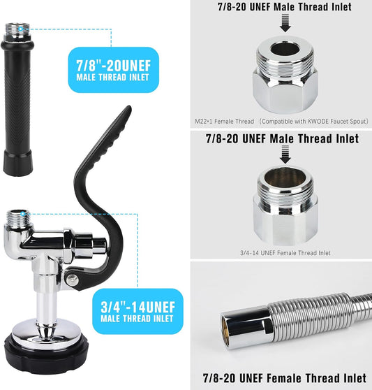 Spray Valve with 20" Flexible Stainless Steel Hose & Pre-Rinse Overhead Spring, Commercial Faucet Flexible Hose with Spray Head Replacement Kit For 20" 21" 25" 27" Height Comercial Sink Faucet