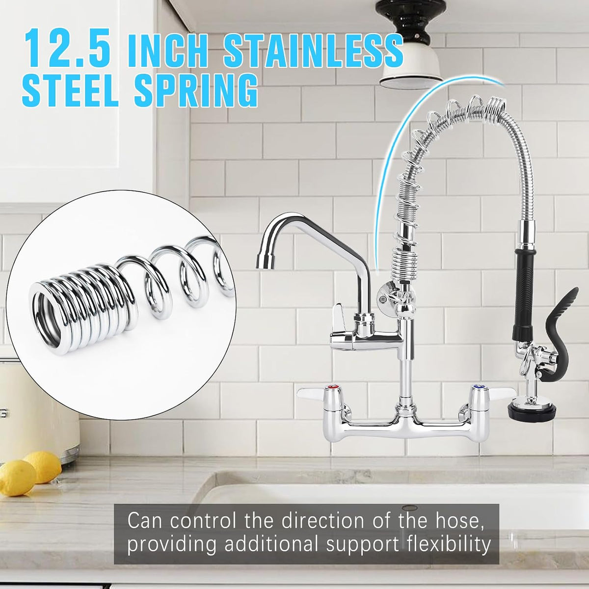 Spray Valve with 20" Flexible Stainless Steel Hose & Pre-Rinse Overhead Spring, Commercial Faucet Flexible Hose with Spray Head Replacement Kit For 20" 21" 25" 27" Height Comercial Sink Faucet