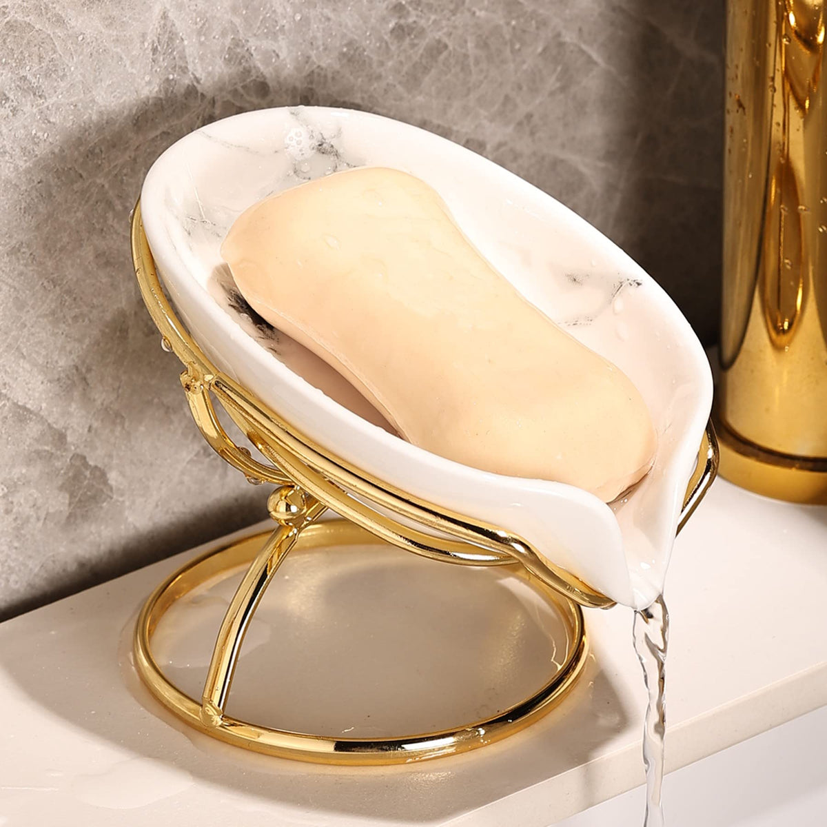 Dobbyby Leaf-Shaped Soap Dish – Premium Ceramic Soap Bar Holder with Self-Drainage System – Bar Soap Holder for Shower, Bathroom Sink, Kitchen – Waterfall Soap Dish with Stainless Steel Stand (Black)