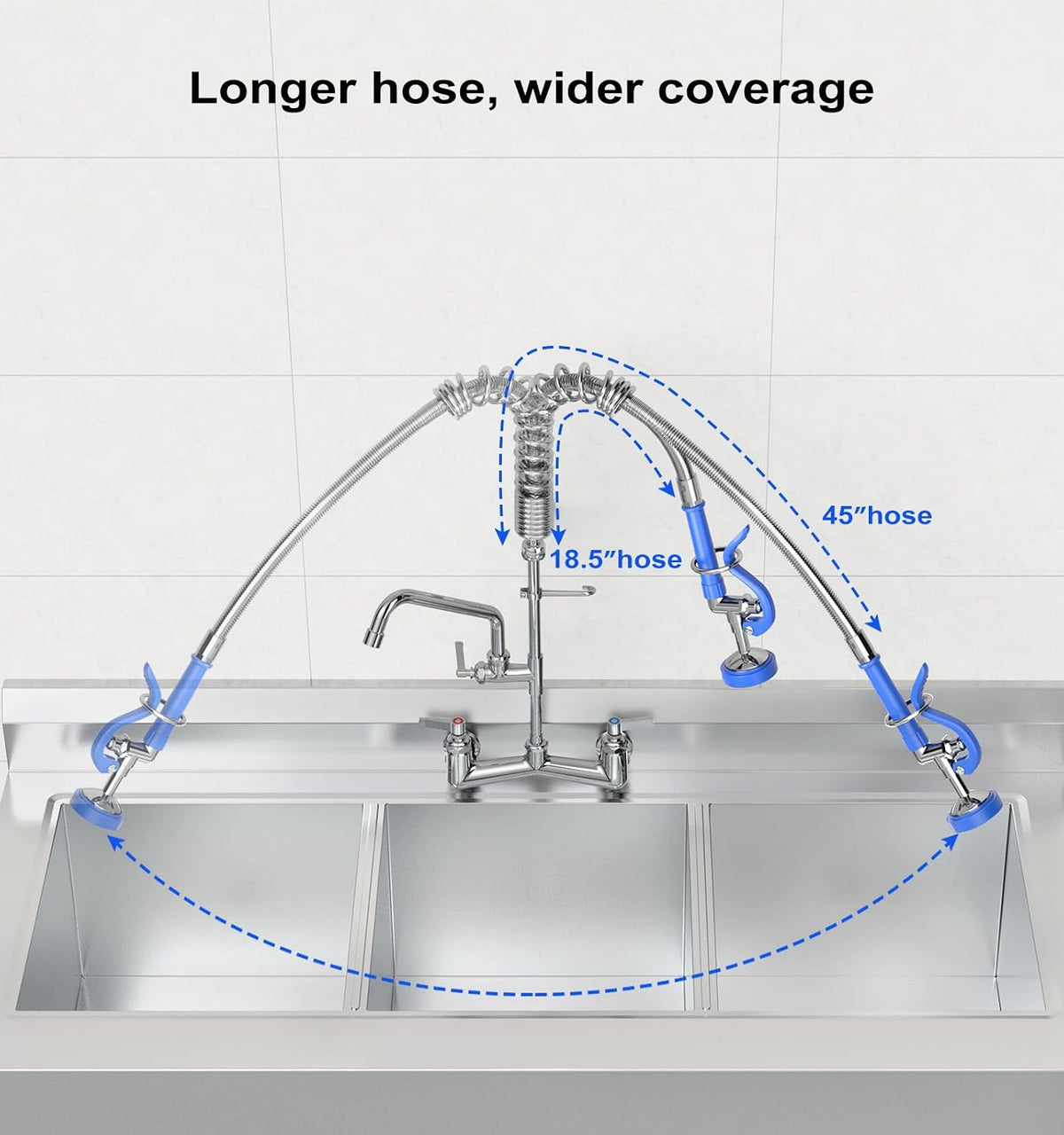 Pre Rinse Sprayer Commercial with 45” Stainless Steel Hose, 1.42 GPM Commercial Sink Sprayer, High-Pressure Dish Spray for Restaurant Use, Sink Spray Nozzle with Adapters (Blue)