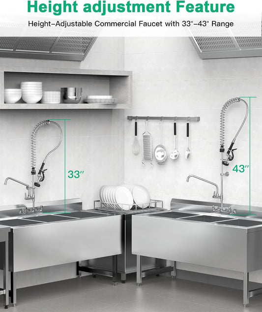 Commercial Sink Faucet with Pre-Rinse Sprayer -Height Adjustable (33-43 inch) Wall Mount Industrial Kitchen Faucet 8 inch Center with Pre-Rinse Sprayer and 12 Inch Swivel Spout