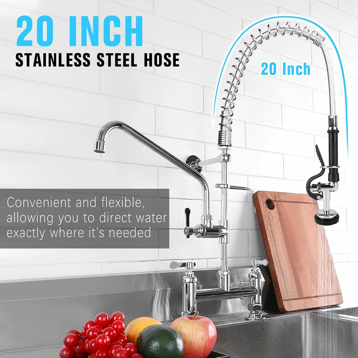 Spray Valve with 20" Flexible Stainless Steel Hose & Pre-Rinse Overhead Spring, Commercial Faucet Flexible Hose with Spray Head Replacement Kit For 20" 21" 25" 27" Height Comercial Sink Faucet