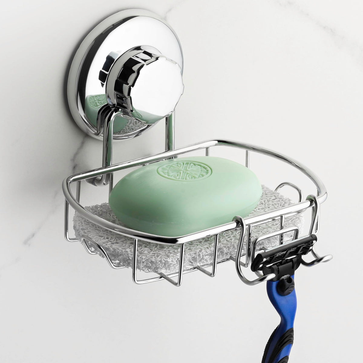 HASKO Suction Cup Soap Dish for Shower with Hooks and Soap Saver, Silver