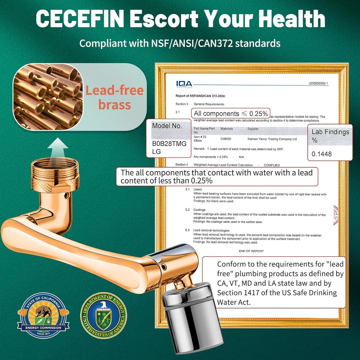 Patented CECEFIN Swivel Faucet Extender Sink Aerator NSF/ANSI 372 Standard