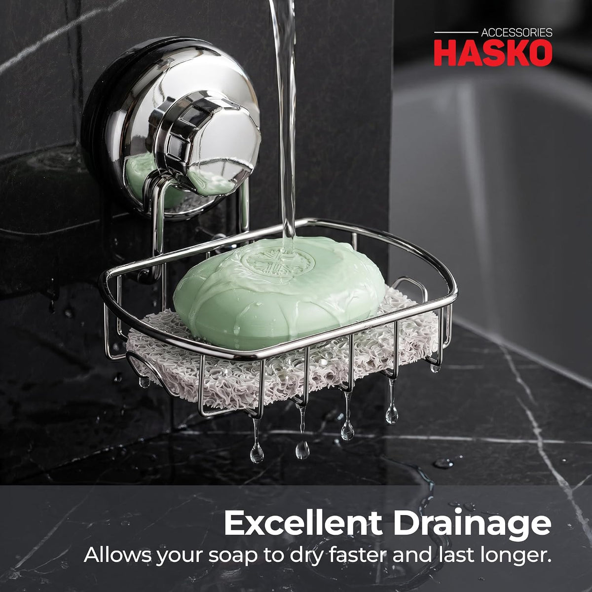 HASKO Suction Cup Soap Dish for Shower with Hooks and Soap Saver, Silver