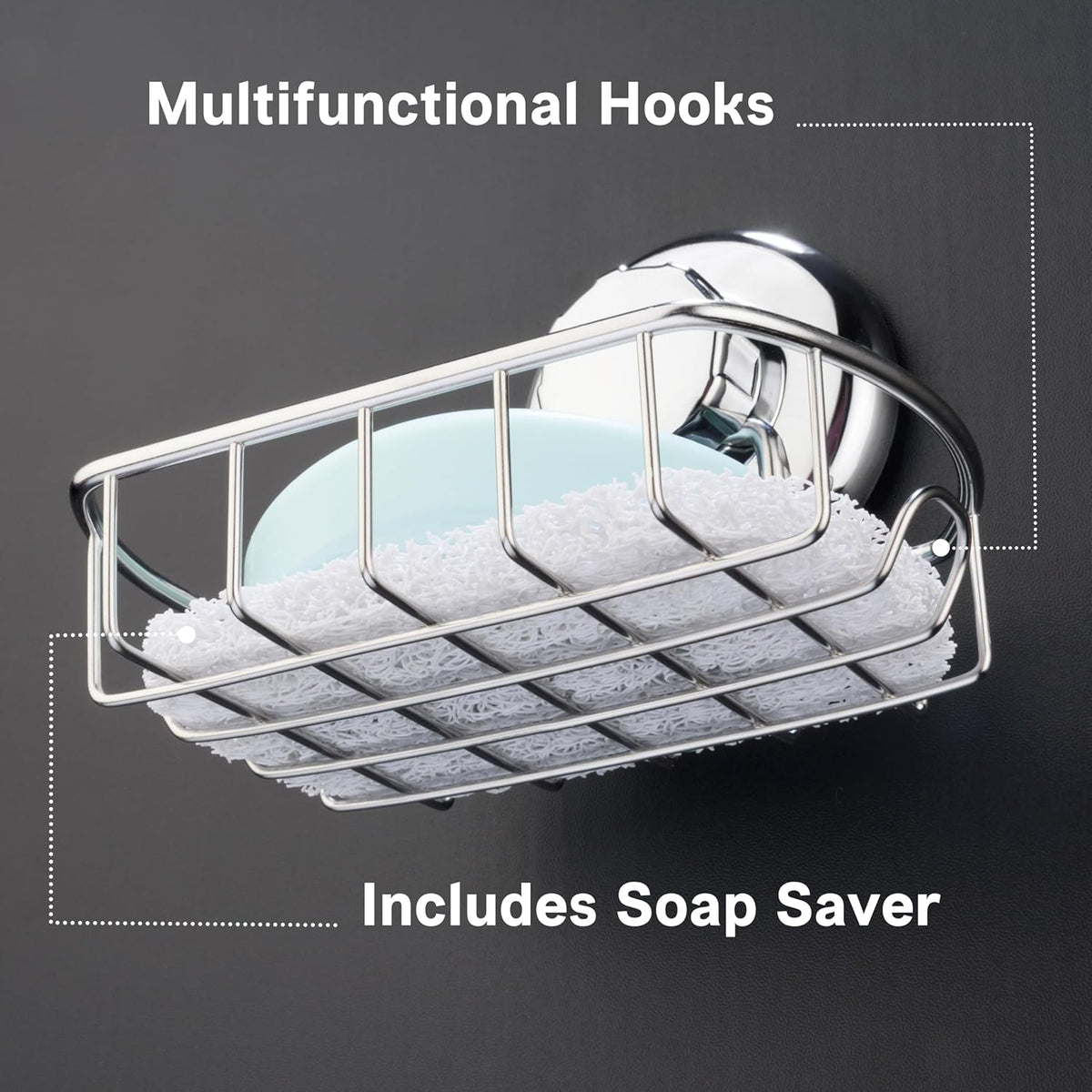 HASKO Suction Cup Soap Dish for Shower with Hooks and Soap Saver, Silver