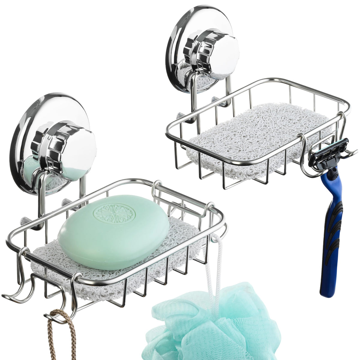 HASKO 2 Pack Suction Cup Soap Dish for Shower Wall, Rustproof Stainless Steel, Shower Soap Holder with Hooks, Includes Optional No Drill Adhesive Mount for Bathroom, 2 Soap Savers, Black