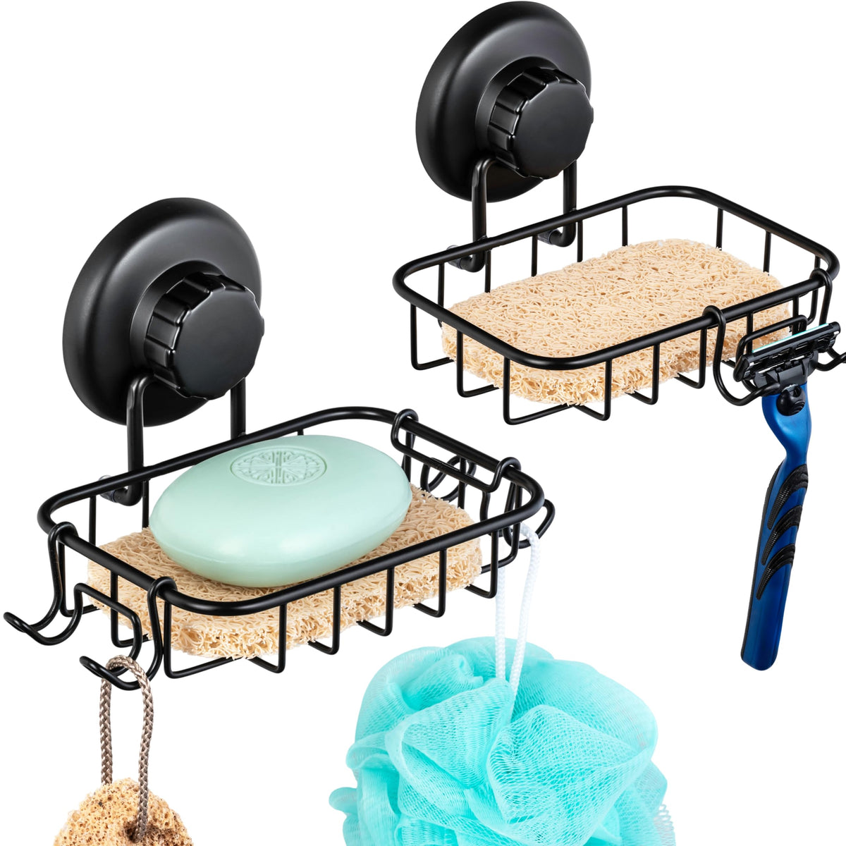 HASKO 2 Pack Suction Cup Soap Dish for Shower Wall, Rustproof Stainless Steel, Shower Soap Holder with Hooks, Includes Optional No Drill Adhesive Mount for Bathroom, 2 Soap Savers, Black