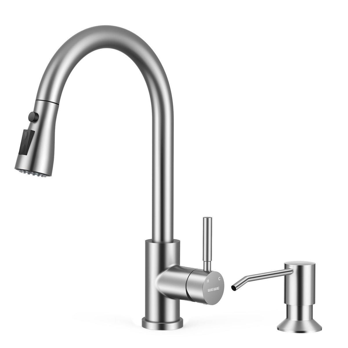 WEWE Pull-Down Kitchen Faucet, 3-Mode Sprayer, Brushed Nickel, High Arc