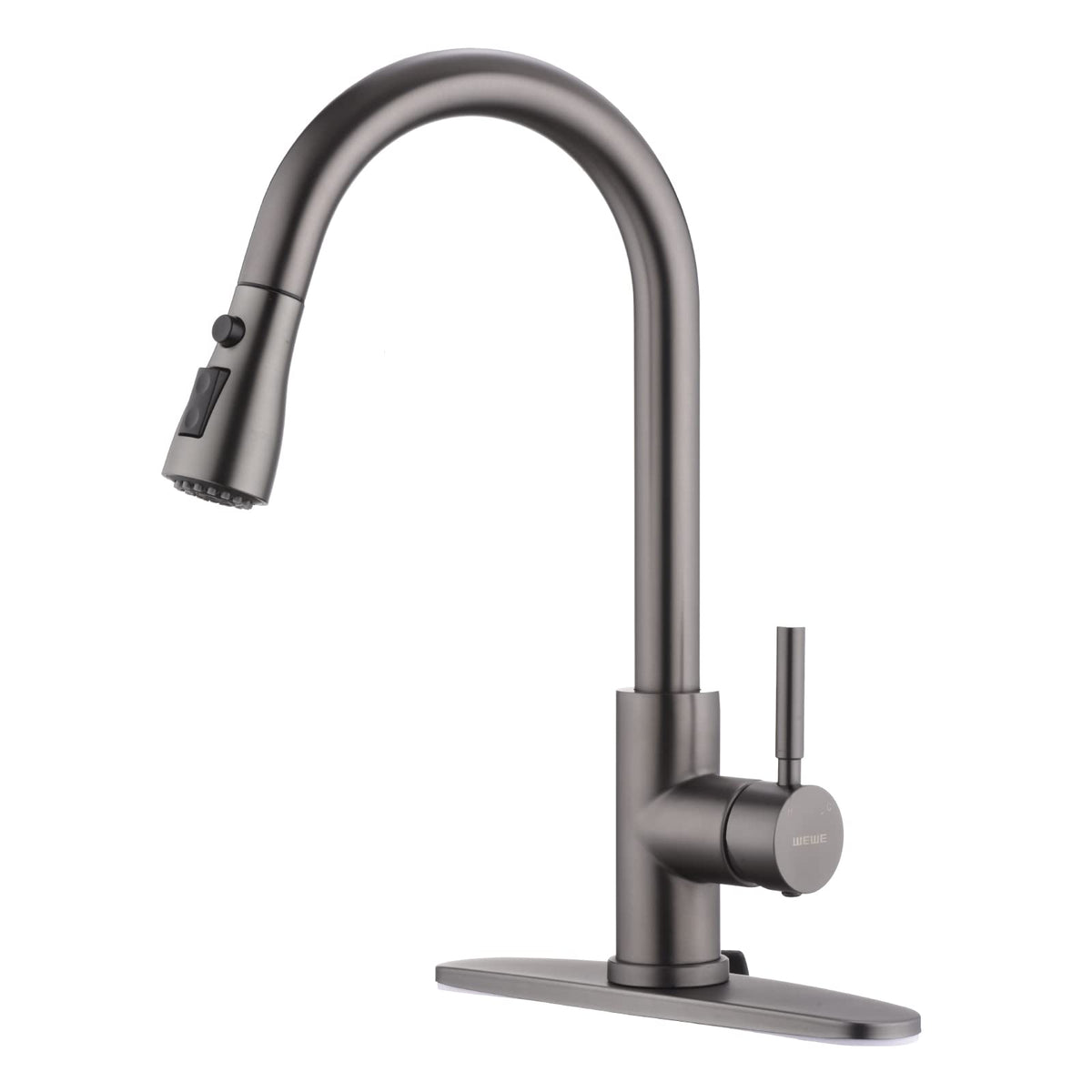 WEWE Pull-Down Kitchen Faucet, 3-Mode Sprayer, Brushed Nickel, High Arc